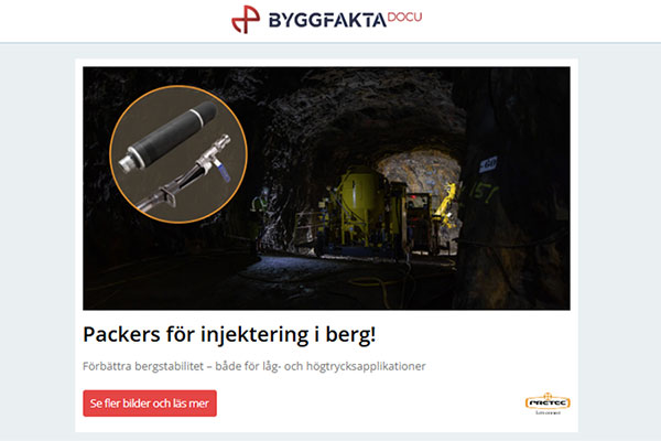 Packers för injektering i berg! | Ett av Europas modernaste listmålerier finns i Leksand | Prefabricerade regnvattenmagasin för effektiv klimatsäkring | Känner du till miljöfördelarna med innovativa mineralytor?